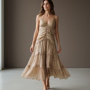 Storia Cottagecore Dainty Midi Floral Boho Strappy Tiered Midi Dress L Tan New